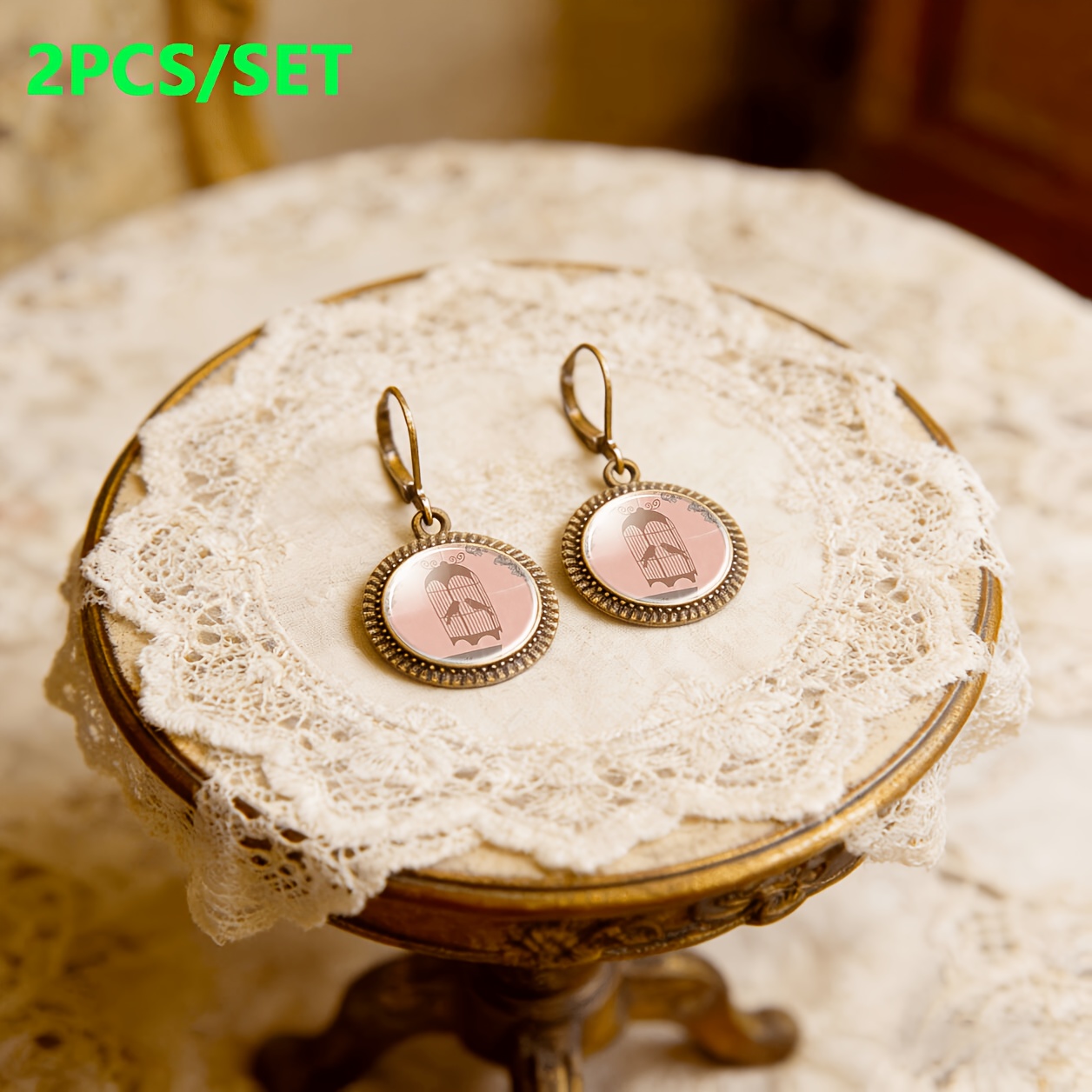 2pcs Teal Vintage Bird Cage Pendant Earrings Set
